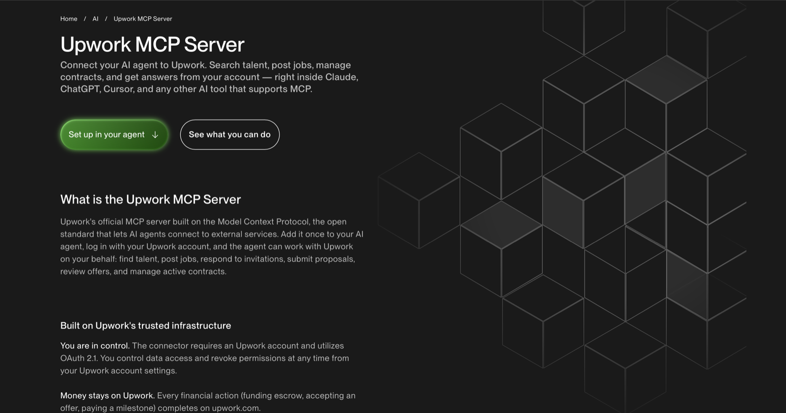Upwork's official MCP Server landing page.
